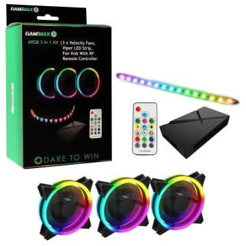 GameMax Addressable RGB 120mm Velocity 3-in-1 Case Fan Kit with Hub and Remote